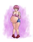 1female 1girl arms_under_breasts belly_expansion belly_stuffing blue_eyes blue_shorts female_human female_only fitness full_body humanized kirby kirby_(series) light-skinned_female light_skin nintendo pink_hair pink_skirt red_shoes saf-404 saf_404 safartwoks safartworks shoes short_hair short_shorts shorts sideboob solo_female solo_focus thick_thighs video_game_character white_background worried worried_expression