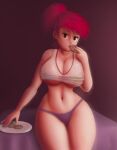 1female 1girl bare_legs bare_thighs belly cartoon_network cleavage cookie eating female_focus female_only foster&#039;s_home_for_imaginary_friends frankie_foster looking_at_viewer no_pants panties ponytail purple_panties red_background red_eyes red_hair saf-404 safartwoks safartworks sitting sitting_on_bed thick_thighs thin_waist under_boob underwear voluptuous wide_hips