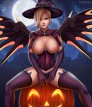  1girl 1girl 1girl absurd_res alternate_costume big_breasts blonde_hair blue_eyes breasts city_background cleavage female_only femoral_only flowerxl halloween hat high_res jack-o&#039;-lantern mercy mercy_(overwatch) moonlight night nipples overwatch panties purple_lips spread_legs stockings topless topless_female underwear video_game_character wings_through_clothes witch witch_hat witch_mercy 