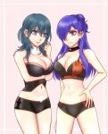  1girl 2_girls adapted_costume alluring alternate_costume ass_visible_through_thighs big_breasts bikini black_bikini black_swimsuit blue_eyes byleth_(fire_emblem) byleth_(fire_emblem)_(female) cleavage collar detached_collar febakkari female_only fire_emblem fire_emblem:_three_houses fire_emblem_warriors:_three_hopes frown hair_bun hair_over_one_eye hand_on_hip long_hair looking_at_another multiple_girls navel nintendo purple_eyes purple_hair shez_(female)_(fire_emblem) shez_(fire_emblem) single_hair_bun stomach swimsuit teal_hair 