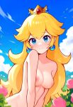 1female 1girl ai_generated blonde_hair blue_eyes breasts clouds completely_naked_female completely_nude_female crown day female_only hills long_hair mario_(series) nai_diffusion naked_female nintendo nipples nude nude_female princess_peach smile smiley_face stable_diffusion video_game_character