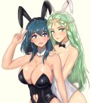  2_girls absurd_res alluring alternate_costume animal_ears big_breasts black_bow black_bowtie black_leotard blue_eyes blush bow bowtie bunny_ears bunny_girl bunnysuit byleth_(female)_(fire_emblem) byleth_(fire_emblem) byleth_(fire_emblem)_(female) cleavage collarbone fake_animal_ears fake_tail female_only fire_emblem fire_emblem:_three_houses green_eyes green_hair hairband hand_on_another&#039;s_shoulder high_res leotard long_hair looking_at_viewer mali-sa medium_breasts medium_hair multiple_girls nintendo open_mouth parted_lips playboy_bunny rabbit_ears rabbit_tail rhea_(fire_emblem) simple_background smile tail teal_hair v white_background white_leotard 