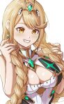  1girl 1girl absurd_res alluring alternate_hairstyle big_breasts blonde_hair cleavage earrings high_res jewelry kenichiart mythra simple_background white_background xenoblade_(series) xenoblade_chronicles_2 yellow_eyes 