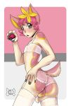  1boy 1girl animal_ears anthro anthrofied ass candylady crossdressing deer_ears deer_tail deerling eyelashes flaccid flower foreskin from_behind furry garter_straps hair_flower hair_ornament lingerie male_focus open_mouth otoko_no_ko penis pink_hair poke_ball pokemon solo stockings tail testicle testicles thighhighs trap underwear watermark 