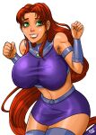  1girl 1girl 1girl 2022 alien alien_girl artist_name big_breasts breasts dc_comics female_only green_eyes orange_skin perky_breasts red_hair smile solo_female solo_focus starfire teen_titans thick_thighs tora_tora white_background wide_hips zettai_ryouiki 