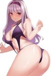  1girl absurd_res alluring ass breasts cleavage commission eyebrows_visible_through_hair from_behind hairband haneramu high_res idolmaster idolmaster_(classic) looking_at_viewer looking_back medium_breasts o-ring o-ring_swimsuit purple_eyes purple_swimsuit shijou_takane shiny shiny_skin skeb_commission swimsuit takane_shijou thighs turning_head twisted_torso white_hair 