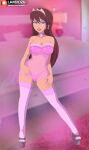  1girl 1girl 1girl alluring big_breasts cleavage crown drawn_together female_only high_heels landidzu lips looking_at_viewer makeup nightgown open_toe_shoes partially_clothed platform_heels princess_clara royalty underwear 