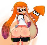  1girl ass big_ass blush clothes eric_lowery exposing gradient gradient_background hair hot inkling inviting long_hair looking_at_viewer mooning nintendo pointy_ears shorts smile splatoon squid sssonic2 tentacle_hair twintails 