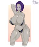 1girl bad_quality bikini black_bikini black_swimsuit blushed breast_squeeze cute dc_comics huge_breasts looking_at_viewer mr.coco muscular muscular_female posing raven_(dc) swimsuit teen_titans thick_thighs tight_clothing tight_fit wide_hips