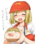  1girl areola areolae big_breasts blonde_hair blue_eyes blush bread breast_hold breast_slip breasts breasts_outside bruise cleavage closed_eyes collarbone employee_uniform erect_nipples fast_food_uniform food grin hair hamburger hands happy hat headgear injury large_areolae large_breasts lettuce mayo mayonnaise mcdonald&#039;s naughty_face naughty_grin nipples one_breast_out open_clothes open_mouth open_shirt shirt short_hair simple_background smile solo sweat teeth text translation_request unbuttoned_shirt uniform what white_background 