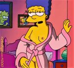 blue_hair breasts erect_nipples marge_simpson robe shaved_pussy the_simpsons yellow_skin
