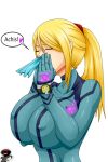  1girl big_breasts blonde_hair blowing_nose blue_clothes blue_suit breasts closed_eyes female hair hetero long_hair metroid nintendo nipples nipples_through_clothes ponytail samus_aran solo text_bubble tissue war-off-evil zero_suit 