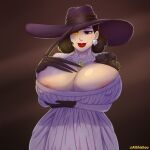  alcina_dimitrescu alshishou_(artist) bedroom_eyes big_breasts brown_eyes brown_hair claws earrings gigantic_ass gigantic_breasts hat horny horny_tails hourglass_figure lady_dimitrescu milf necklace resident_evil resident_evil_8:_village sexy sexy_body sexy_breasts smile vampire yellow_eyes 