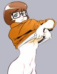  1girl bottomless breasts cartoon_network colored female female_only freckles glasses groin looking_at_viewer mound_of_venus navel orange_shirt qiqo scooby-doo shirt shirt_lift sleeves_pushed_up solo underboob undressing velma_dinkley 