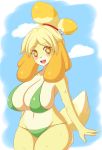 2014 animal_crossing animal_crossing_new_leaf anthro belly big_breasts bikini blonde_hair blush breasts brown_eyes canid canine canine_humanoid clothed clothing cloud dog doubutsu_no_mori eyelashes female fur furry hair hair_tie happy highres huge_breasts isabelle_(animal_crossing) jcdr jingle_bell looking_at_viewer mammal midriff navel nintendo open_mouth ponytail secretary shih_tzu shizue_(doubutsu_no_mori) skimpy solo standing swimsuit thick_ass thick_legs thick_thighs underwear video_games yellow_fur