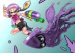  1girl :q bad_id bike_shorts cameltoe domino_mask female flat_chest gradient gradient_background gun hachi_menou ink inkling long_hair mask midriff navel nintendo pointy_ears purple_eyes purple_hair shoes shorts sleeveless slime sneakers splatoon squid super_soaker tentacle_hair tongue tongue_out twintails water_gun weapon wide_hips 