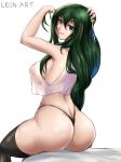  1girl ass asui_tsuyu big_ass boku_no_hero_academia bottom_heavy breasts eye_contact female_only green_hair large_ass leonart long_hair looking_at_viewer my_hero_academia sitting solo_female stockings thick_ass thick_thighs thighs thong transparent_clothing tsuyu_asui white_background 