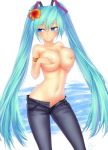 1girl 2013 aqua_eyes aqua_hair arantheus armlet big_breasts blue_eyes breast_lift breast_press breasts cleavage clothing colored_pubic_hair contrapposto covering covering_breasts covering_nipples deep_skin denim female female_pubic_hair flower green_hair hair hair_flower hair_ornament hatsune_miku hibiscus high_resolution jeans jewelry large_breasts lens_flare light-skinned long_hair looking_away miku_hatsune navel nopan open_fly pants pubic_hair pubic_hair_peek signature slender_waist smile solo standing tied_hair topless twin_tails twintails unzipped very_high_resolution very_long_hair vocaloid water wet
