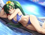  1girl alluring alternate_costume arms_behind_back athletic_female bare_midriff bare_shoulders bikini blue_bikini blue_swimsuit blush breasts cleavage crossed_arms eyebrows_visible_through_hair eyes_visible_through_hair female_abs fire_emblem fire_emblem:_the_blazing_blade fit_female flower green_eyes green_hair grin hair_flower hair_ornament high_res hocen long_hair looking_at_viewer lying lyn_(fire_emblem) lyndis_(fire_emblem) midriff navel nintendo ocean on_side ponytail smile swimsuit thighs toned very_long_hair watermark web_address 