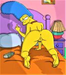  anal_lube anus ass blue_hair marge_simpson nude pearls presenting shaved_pussy the_simpsons thighs yellow_skin 