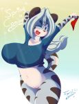 anthro belly big_breasts blue_eyes bottomless breasts crop_top erect_nipples fang female furry gradient_background hair midriff minina_(tiger1001) navel nipples original panties pink_nose plump puffy_nipples pussy red_panties shirt spring stretching tiger1001 wide_hips
