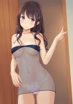 babydoll brown_hair cameltoe closed_mouth erection_under_clothes gluteal_fold hot looking_at_viewer medium_breasts n.g. no_bra no_pants pink_panties purple_eyes standing transparent_clothing 