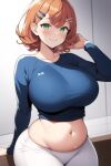  1girl aged_up ai_generated ben_10 big_breasts breasts cartoon_network clothing female female_only frosting.ai green_eyes grin gwen_tennyson hairclip human looking_at_viewer navel orange_hair pants shirt short_hair smile smiling_at_viewer solo sweat thick_thighs 