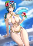 1girl abs absurd_res alluring alternate_costume arm_support athletic_female bare_legs bare_thighs big_breasts bikini blush braid breasts brown_eyes cleavage day female_only fire_emblem fire_emblem_heroes fit_female flower hand_fan high_res hocen legs lips looking_at_viewer medium_hair navel nintendo ocean official_alternate_costume outside single_braid smile swimsuit teal_hair thighs thorr_(fire_emblem) thorr_(summer)_(fire_emblem) white_bikini white_swimsuit