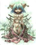  1girl aqua_hair bell blush breasts cat_eyes daena danae earrings extra_breasts fangs flower furry green_eyes jewelry katzeh legend_of_mana looking_at_viewer multi_breast multiple_breasts navel nipples open_mouth pussy ribs saliva skinny slit_pupils solo uncensored water wet 