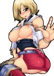 1girl ashelia_b&#039;nargin_dalmasca ass bare_shoulders big_breasts blonde_hair blush bracelet breasts detached_sleeves erect_nipples female female_only final_fantasy final_fantasy_xii flapper_shirt jewelry miniskirt nipples red-rum shirt short_hair simple_background skirt solo white_background yellow_eyes