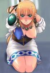  1girl angry bdsm blonde_hair blush bondage bound breasts green_eyes kneeling long_hair open_clothes open_shirt rope shirt solo sophitia_alexandra soul_calibur soulcalibur soulcalibur_ii tied tied_up 