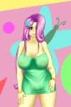  1girl big_breasts blush bracelets breasts dress equestria_girls female female_only fluttershy fluttershy_(mlp) friendship_is_magic long_hair looking_at_viewer mostly_clothed my_little_pony no_bra see-through see-through_clothes short_dress solo standing thong transparent transparent_clothing 