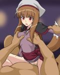  1girl bottomless breast_grab breasts brown_hair censored cl-55 clothed_sex cowgirl_position fang girl_on_top grabbing hat holo horo lowres no_panties pov red_eyes sex solo_focus spice_and_wolf straddle straddling tail 