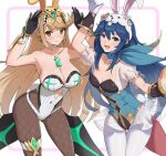 2_girls 3: :d alluring alternate_costume animal_ears arms_up bangs big_breasts black_gloves blonde_hair blue_eyes blue_hair blue_leotard blue_ribbon blush breasts brown_legwear bunny_pose bunny_tail chest_jewel choker cleavage closed_mouth collarbone contrapposto covered_navel cowboy_shot earrings easter_egg egg fake_animal_ears fake_tail fire_emblem fire_emblem_awakening fire_emblem_heroes frilled_sleeves frills gloves gonzarez high_res jewelry leaning_forward leotard long_hair looking_at_viewer lucina lucina_(fire_emblem) multiple_girls mythra mythra_(xenoblade) neck_ribbon nintendo official_alternate_costume open_mouth orange_eyes pantyhose puffy_short_sleeves puffy_sleeves ribbon see-through short_sleeves skindentation small_breasts smile standing strapless strapless_leotard super_smash_bros. swept_bangs tail thigh_gap thigh_strap thighlet tiara two-tone_background v-shaped_eyebrows very_long_hair voluptuous white_choker white_gloves white_headwear white_legwear white_leotard wrist_guards xenoblade_(series) xenoblade_chronicles_2 yellow_headwear