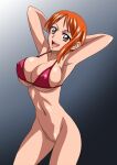  1girl 1girl 1girl alluring armpits arms_up bikini bottomless brown_eyes happy naked_from_the_waist_down nami nami_(one_piece) nel-zel_formula one_piece open_mouth orange_hair side-tie_bikini smile standing swimsuit teeth tongue 