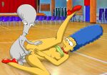 american_dad blue_hair dress_lift lying lying_on_floor marge_simpson pearls roger_(american_dad) tagme the_simpsons yellow_skin