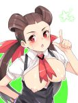  1girl blush breasts brown_hair gym_leader large_breasts long_hair nipples pokemon pokemon_(game) pokemon_oras red_eyes solo standing tsutsuji_(pokemon) twintails 