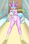 blue_eyes breasts feline female furry milkteafox presenting pussy smile solo standing the_lego_movie tongue tongue_out unikitty