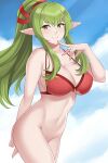  1girl 1girl 1girl adapted_costume alluring arm_behind_back aslind_samure aslindsamure bare_legs big_breasts bikini blue_sky breasts cleavage closed_mouth cloud cloudy_sky cowboy_shot day exhibitionism finger_to_mouth fire_emblem fire_emblem_awakening green_eyes green_hair hair_between_eyes high_resolution large_filesize long_hair looking_at_viewer midriff milf naked_from_the_waist_down navel nintendo no_panties outside pointed_ears ponytail pussy red_bikini sideboob sidelocks sky smile string_bikini swimsuit thighs third-party_edit tied_hair tiki_(adult)_(fire_emblem) tiki_(fire_emblem) very_high_resolution 