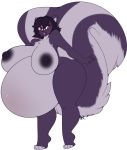  2014 anthro areola ass big_ass big_belly big_breasts big_nipples black_hair black_nose breasts chest_tuft chubby cute female fur hair huge_breasts looking_away mammal nipples obese open_mouth overweight plain_background pregnant purple_fur purple_nipples red_eyes skunk smile solo tail_tuft tehbuttercookie tuft white_background 