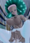 1girl afro aloe_(pokemon) big_breasts blaze_(blz6-vfj2) blue_eyes bouncing_breasts breasts cowgirl_position creatures_(company) dark-skinned_female dark_nipples dark_skin fang female game_freak garter_belt girl_on_top green_hair gym_leader hairband headband humans_of_pokemon interracial lace lace-trimmed_thighhighs large_breasts lenora_(pokemon) nintendo nipples outdoors penis pokemon pokemon_(anime) pokemon_(game) pokemon_black_2_&amp;_white_2 pokemon_black_and_white pokemon_bw pokemon_bw2 pussy rain sex sidelocks straddling thighhighs tongue tongue_out topless uncensored vaginal wet white_legwear