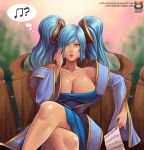 1girl blue_dress blue_eyes breasts cleavage dress huge_breasts kyoffie league_of_legends lips musical_note musical_note_print solo sona sona_buvelle thought_bubble twin_tails