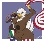  1girl absurd_res accipitrid accipitriform anthro avian bald_eagle beak big_breasts bird blue_eyes breasts brown_body brown_feathers chubby_female closed_eyes clothed clothing curvy_figure digital_media_(artwork) duo eagle feathers female/female flag furry genitals high_res huge_breasts italy legwear legwear_only looking_at_viewer lyorenth-the-dragon mature_female mostly_nude nipples nude open_mouth oscine passerine pose pubes pussy sea_eagle simple_background size_difference slightly_chubby smile sparrow stars_and_stripes stockings stockings_only thick_thighs tongue united_states_of_america voluptuous white_body white_feathers wide_hips 