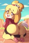  1girl animal_crossing anthro anus ass big_ass big_breasts blush breasts bubble_ass bubble_butt canid canine canis dat_ass dog eye_contact feet female_only fur furry furry_only high_res isabelle_(animal_crossing) looking_at_viewer looking_back nintendo partially_clothed pussy rear_view sexy solo_female sweat tail tongue tongue_out wildblur yellow_fur 