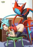  1girl ass bbmbbf bed blue_hair butt chair creatures_(company) deoxys female fingerless_gloves game_freak hinata_(pokemon) humans_of_pokemon inside nintendo no_bra no_panties open_clothes open_mouth open_shirt padded_gloves palcomix penetration pokemon pokemon_(anime) pokemon_(game) pokemon_ranger pokemon_rse pokemon_ruby_sapphire_&amp;_emerald pokephilia pokepornlive red_eyes solana stockings tagme teal_eyes tentacle 