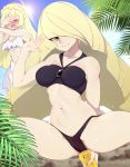2_girls 2girls beach blonde blonde_hair blush cola embarrassed female female_human female_only green_eyes hair_over_one_eye human lillie lillie_(pokemon) long_blonde_hair long_hair looking_at_viewer lusamine mostly_nude outdoor outside pokemon slugbox swimsuit