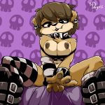  1:1 1girl 1girl 2020 abstract_background anthro boots breasts brown_bear brown_body brown_fur brown_hair brown_nipples chest_tuft clothed clothing collar ear_piercing exposed_breasts footwear fur furry goth hair legwear looking_down mammal mona_(senorkah) nipples partially_clothed piercing purple_background senorkah simple_background sitting socks spiked_collar spikes spread_legs spreading stockings thigh_socks tuft ursid ursine 