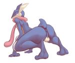  2014 all_fours amphibian anus ass barefoot big_ass frog full_body half-closed_eyes highres inside inviting looking_at_viewer male nintendo nude pokemon presenting presenting_hindquarters seductive simple_background solo somna tail testicles tongue tongue_out white_background 