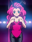 1girl bare_arms blue_eyes breasts bunny_ears bunny_girl bunnysuit clothed exposed_breasts female female_only friendship_is_magic gif humanized leotard leotard_pull long_hair long_pink_hair my_little_pony pantyhose pink_hair pinkie_pie pinkie_pie_(mlp) solo standing stripper_pole 