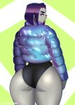 1girl ass ass_focus cambion dat_ass dc_comics female_only forehead_jewel foxicube grey_skin large_ass looking_at_viewer looking_back purple_hair rachel_roth raven_(dc) smooth_skin teen_titans